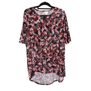 LuLaRoe Irma Tunic Top Floral Print High Low Hem Short Sleeve Black Red Size M